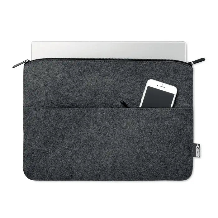 Geanta pentru laptop cu fermoar din fetru rpet gri inchis cu buzunar frontal ce tine un smartphone alb