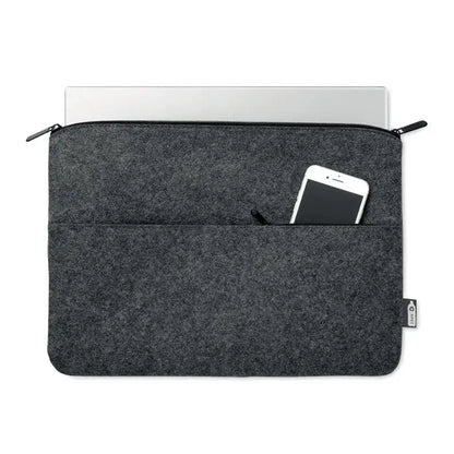 Geanta pentru laptop cu fermoar din fetru rpet gri inchis cu buzunar frontal ce tine un smartphone alb