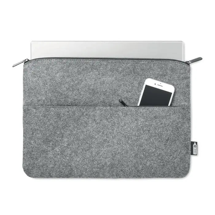 Geanta pentru laptop cu fermoar din fetru rpet gri cu buzunar frontal cu telefon alb si pix negru