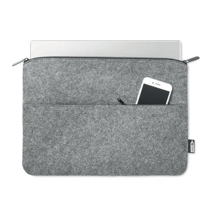 Geanta pentru laptop cu fermoar din fetru rpet gri cu buzunar frontal cu telefon alb si pix negru