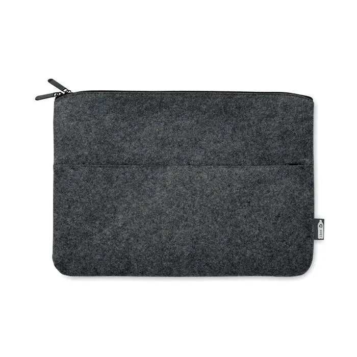 Geanta pentru laptop cu fermoar din fetru rpet gri inchis cu buzunar si eticheta de brand pe lateral