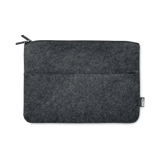 Geanta pentru laptop cu fermoar din fetru rpet gri inchis cu buzunar si eticheta de brand pe lateral