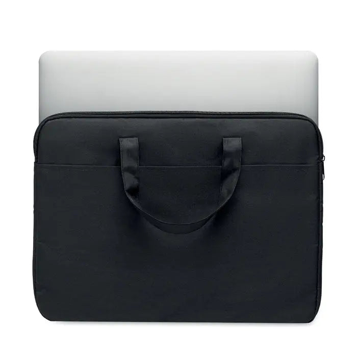 Geanta pentru laptop de 15 inchi neagra cu exterior din material textil rezistent si doua manere scurte intarite