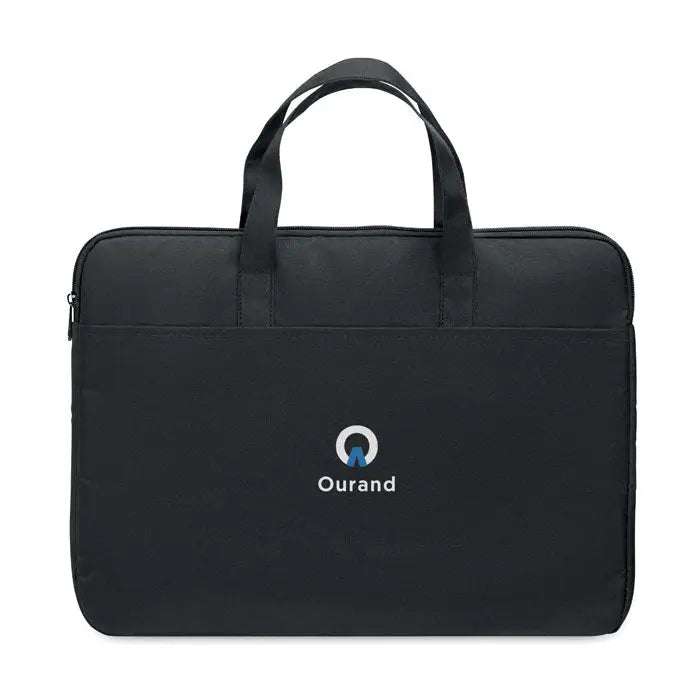 Geanta pentru laptop de 15 inchi din material textil negru cu manere intarite si logo ourand alb