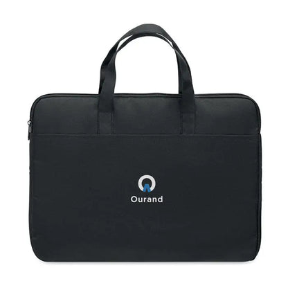 Geanta pentru laptop de 15 inchi din material textil negru cu manere intarite si logo ourand alb