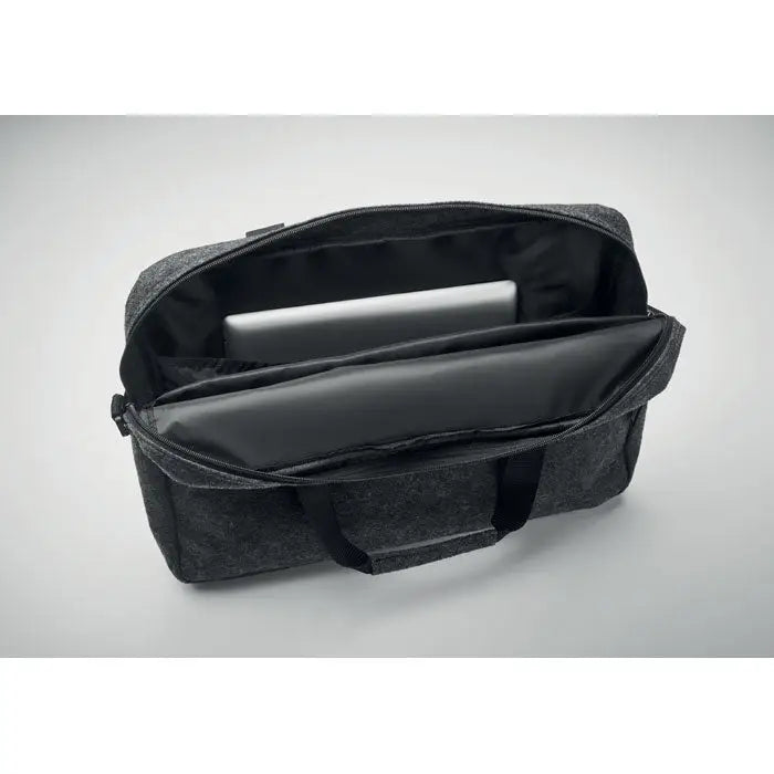 Geanta pentru laptop din fetru rpet de 15 inch gri inchis cu textura si interior negru cu manere negre