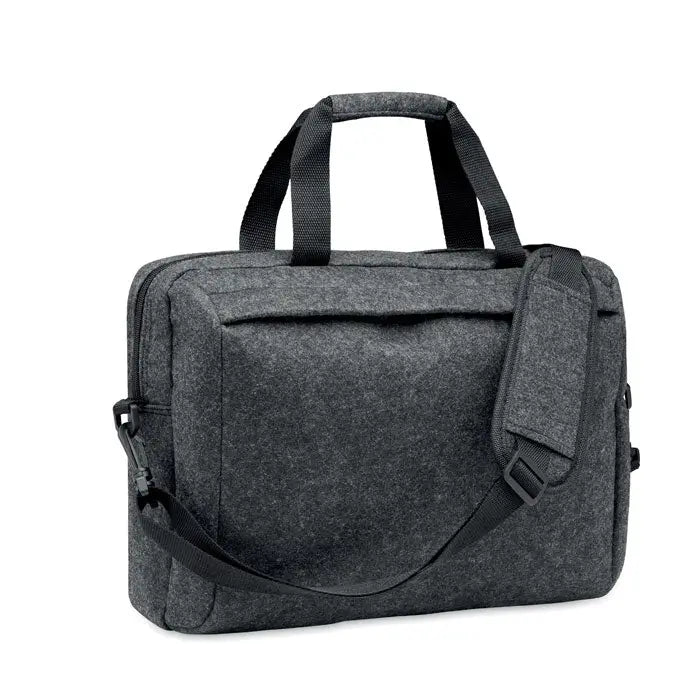 Geanta pentru laptop din fetru rpet de 15 inch texturata gri inchis cu bretea neagra reglabila si manere de sus