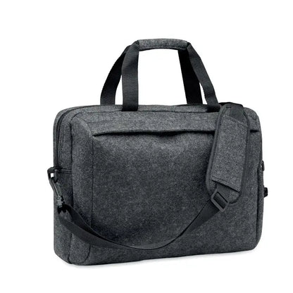 Geanta pentru laptop din fetru rpet de 15 inch texturata gri inchis cu bretea neagra reglabila si manere de sus