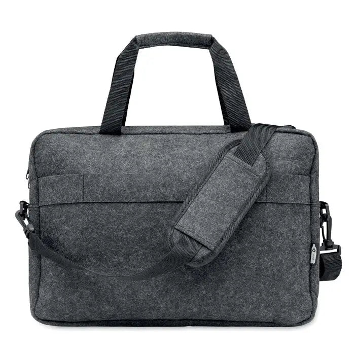 Geanta pentru laptop din fetru rpet de 15 inch in gri inchis cu manere din material negru si bareta de umar