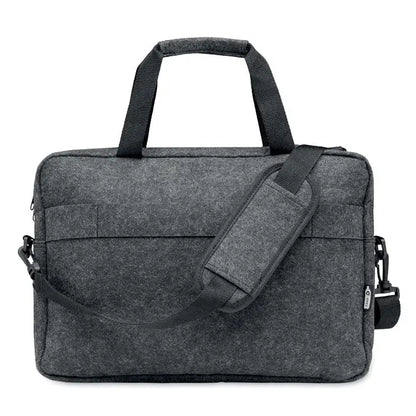 Geanta pentru laptop din fetru rpet de 15 inch in gri inchis cu manere din material negru si bareta de umar