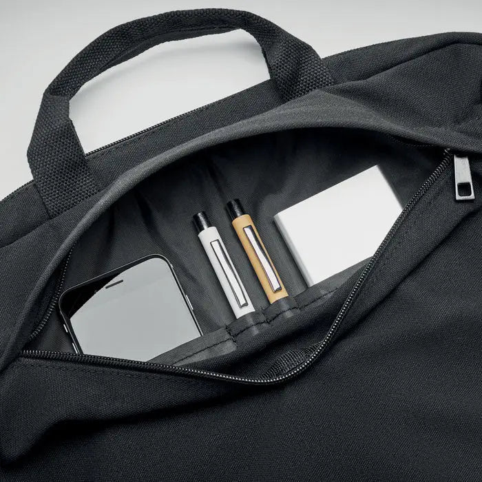 Geanta pentru laptop din panza spalata neagra cu maner rezistent si compartimente interioare pentru telefon si accesorii