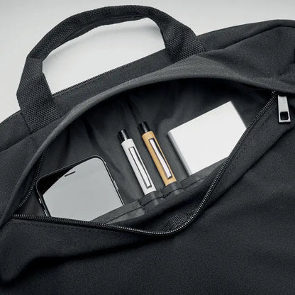 Geanta pentru laptop din panza spalata neagra cu maner rezistent si compartimente interioare pentru telefon si accesorii