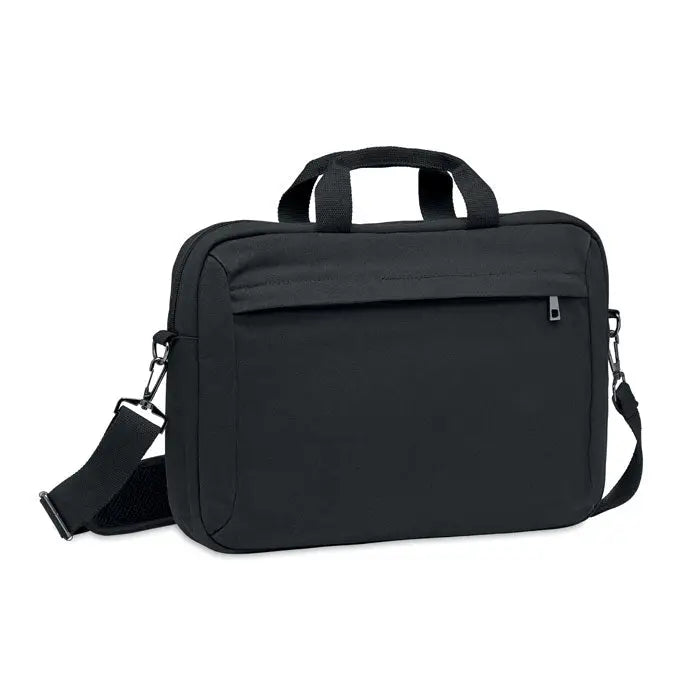 Geanta pentru laptop din panza spalata neagra cu maner superior si curea reglabila pentru umar din material durabil