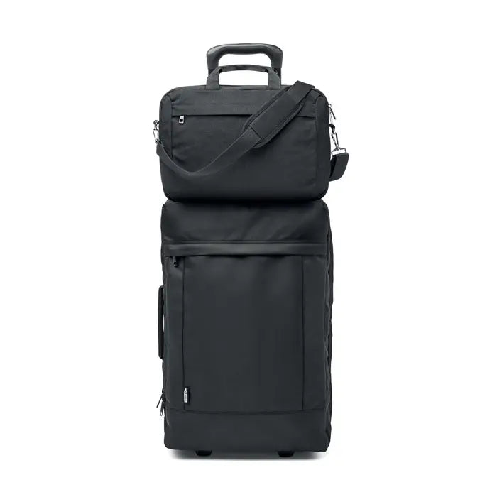 Geanta pentru laptop din panza spalata neagra cu design minimalist si geanta integrata pe troller negru durabil