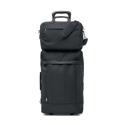 Geanta pentru laptop din panza spalata neagra cu design minimalist si geanta integrata pe troller negru durabil