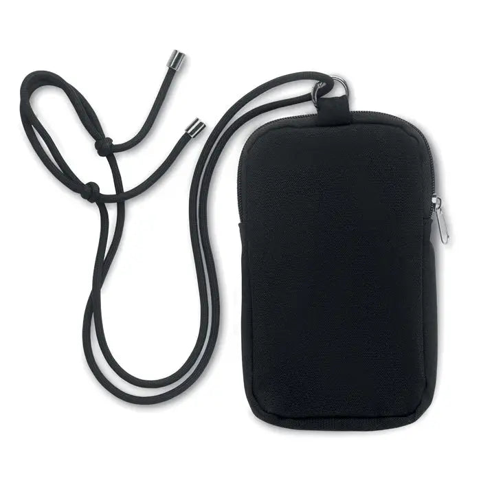 Geanta pentru smartphone in cruce neagra din material textil cu buzunar si snur atasat pentru purtare usoara
