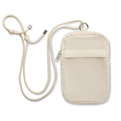 Geanta pentru smartphone in cruce bej din pânză cu curea reglabilă și accesorii argintii