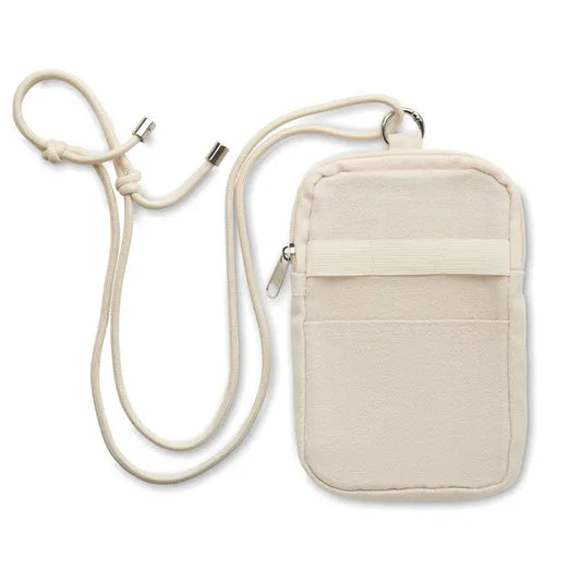 Geanta pentru smartphone in cruce bej din pânză cu curea reglabilă și accesorii argintii