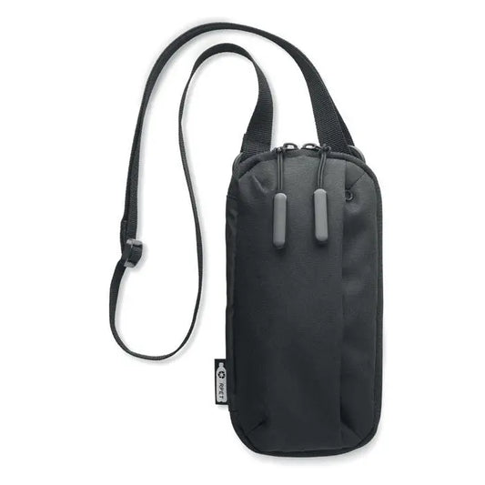 Geanta pentru smartphone in cruce din material textil negru cu fermoare gri si curea reglabila pentru purtare in cruce