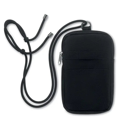 Geanta pentru smartphone in cruce neagra din material textil cu buzunar cu fermoar si curea ajustabila