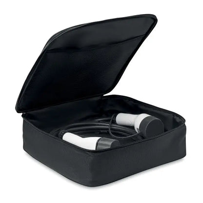 Geanta pentru telecabina 600d rpet neagra din material 600d rpET cu organizator pentru cabluri auto si doua incarcatoare ev albe si negre