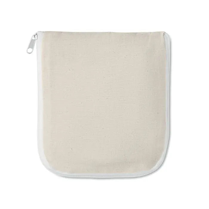 Beige geanta pliabila din bumbac 135 gr/m² cu fermoar si margine alba din panza