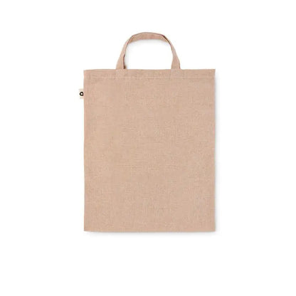 Geanta pliabila pentru cumparaturi 140 gr m² din panza bej cu manere scurte si eticheta mica neagra pe lateral