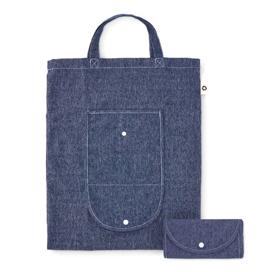 Denim albastru geanta pliabila pentru cumparaturi 140 gr m² cu buzunar frontal si plic compact asortat