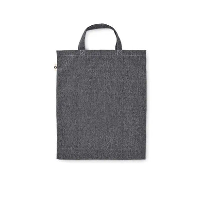Geanta pliabila pentru cumparaturi gri inchis din panza texturata 140 gr m² cu manere rezistente si eticheta metalica mica