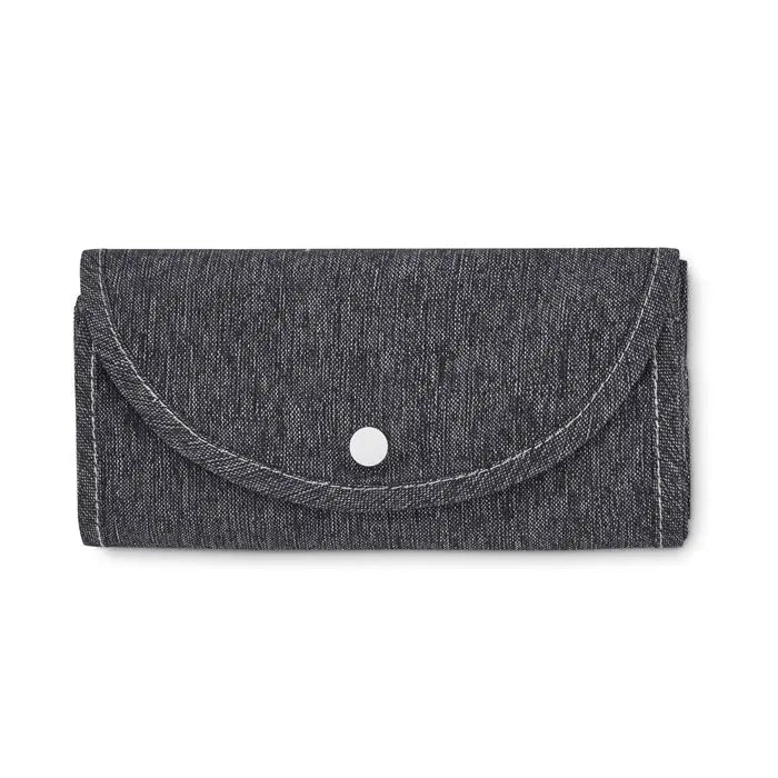 Geanta pliabila pentru cumparaturi 140 gr/m² din denim gri inchis cu inchidere cu capsa alba