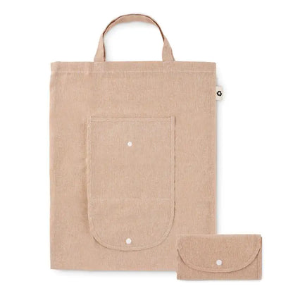 Beige geanta pliabila pentru cumparaturi din in 140 gr/m² cu buzunar frontal si pouch pliabil cu nasturi albi