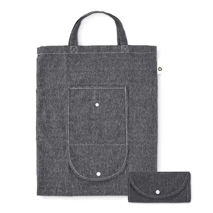 Geanta pliabila pentru cumparaturi gri din tesatura texturata 140 gr/m² cu buzunar frontal si etui pliabil cu cusaturi albe
