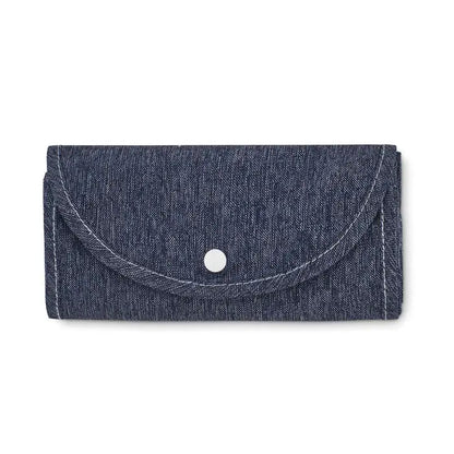 Geanta pliabila pentru cumparaturi 140 gr/m² cu textura denim si inchidere cu capsa alba