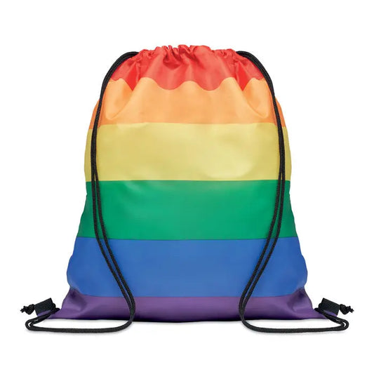 Geanta rainbow rpet cu snur cu dungi curcubeu si cordoane negre pentru purtare usoara si ecologica