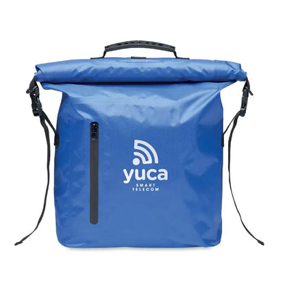 Geanta rolltop impermeabila albastra din rpet cu fermoar negru, manere si bretele, logo alb yuca smart telecom