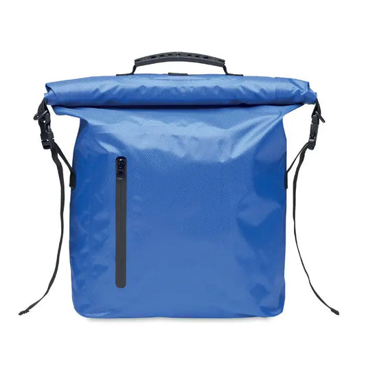 Geanta rolltop impermeabila din rpet albastra cu fermoar negru si bretele reglabile rezistenta la apa