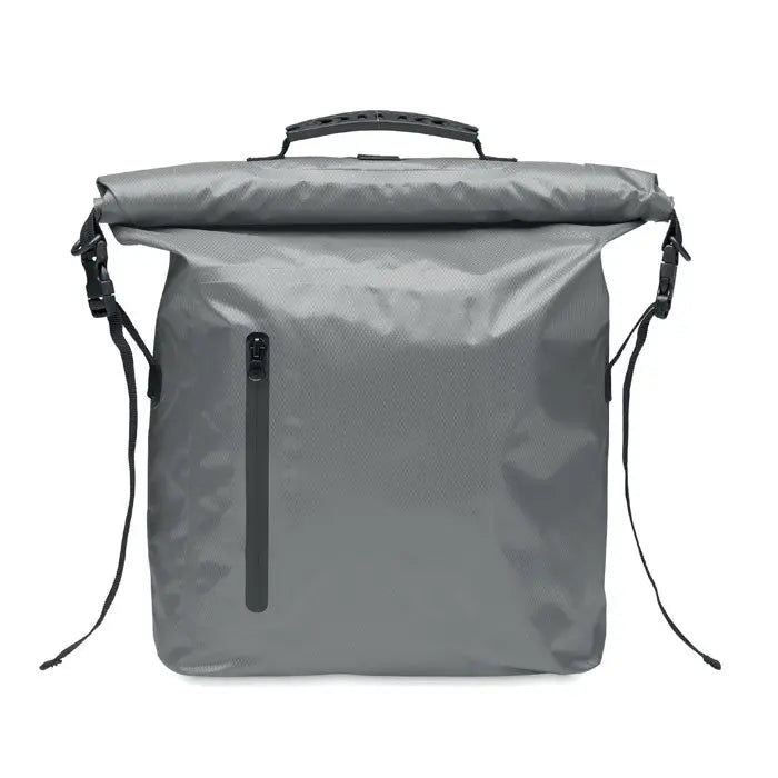 Geanta rolltop impermeabilă din RPET gri cu fermoar negru și bretele reglabile pentru uz zilnic