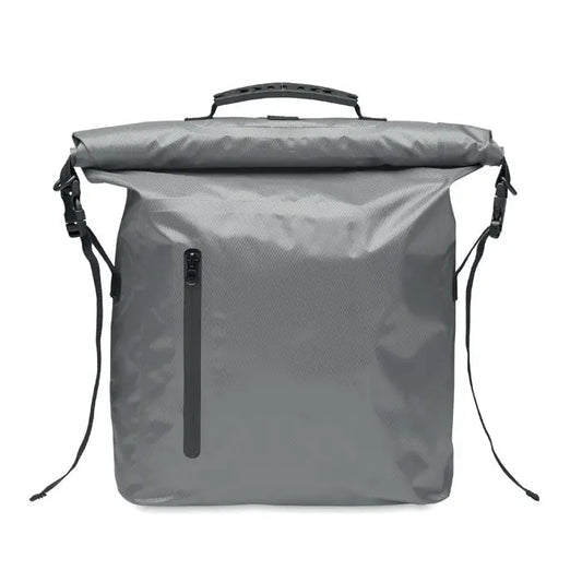 Geanta rolltop impermeabilă din RPET gri cu fermoar negru și bretele reglabile pentru uz zilnic