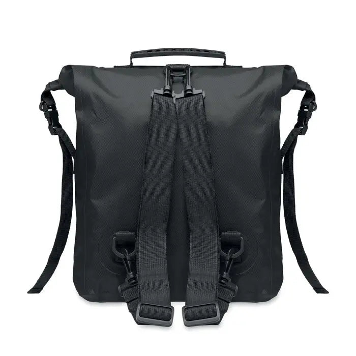 Geanta rolltop impermeabila din rpet neagra cu inchidere rulabila si bretele reglabile pentru umar
