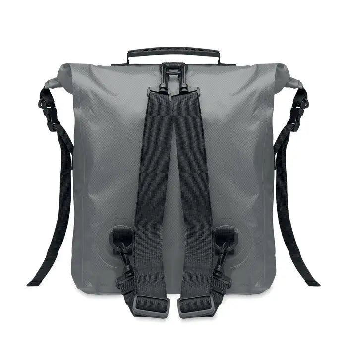 Geanta rolltop impermeabila din rpet gri cu bretele negre reglabile si maner superior