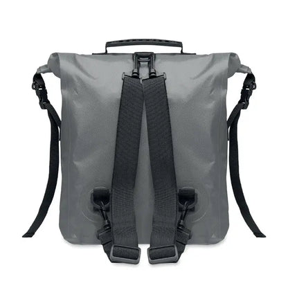 Geanta rolltop impermeabila din rpet gri cu bretele negre reglabile si maner superior