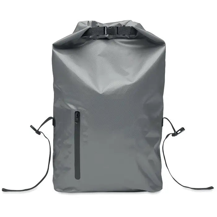 Geanta rolltop impermeabila din rpet gri cu fermoar negru si snur pentru inchidere