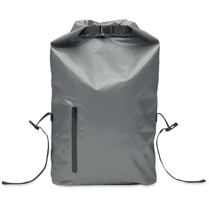 Geanta rolltop impermeabila din rpet gri cu fermoar negru si snur pentru inchidere