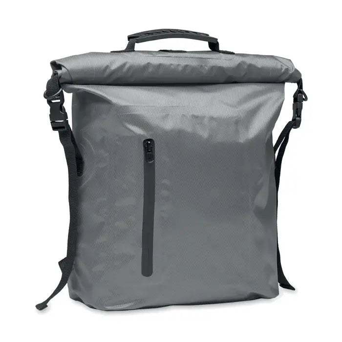 Geanta rolltop impermeabila din rPET gri cu bretele negre si inchidere roll-top rezistenta la apa