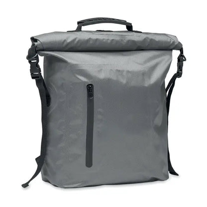 Geanta rolltop impermeabila din rPET gri cu bretele negre si inchidere roll-top rezistenta la apa
