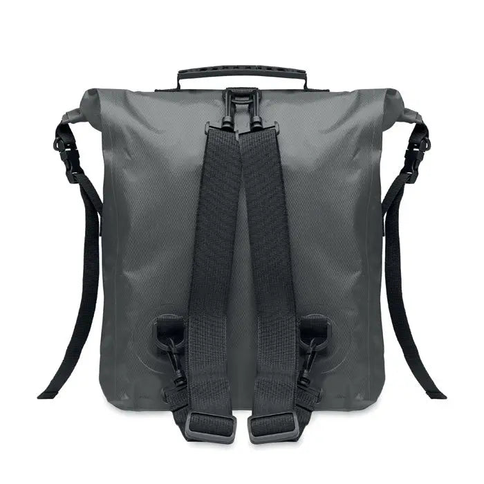 Geanta rolltop impermeabila din rpet de culoare gri inchis cu bretele negre reglabile si maner superior