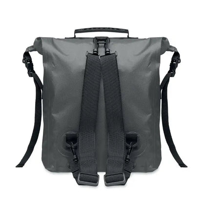 Geanta rolltop impermeabila din rpet de culoare gri inchis cu bretele negre reglabile si maner superior