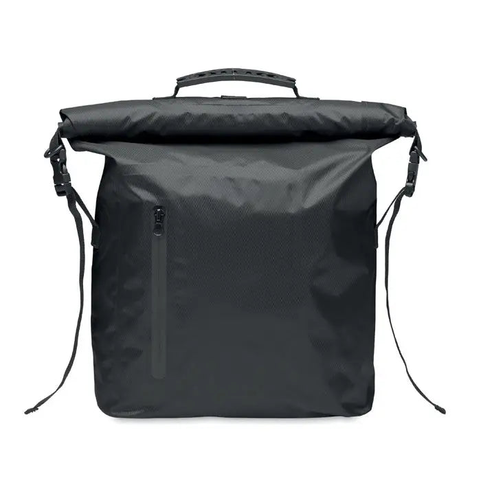 Geanta rolltop impermeabila din rpet neagra cu material rezistent la apa si fermoare negre robuste