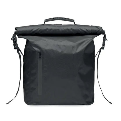 Geanta rolltop impermeabila din rpet neagra cu material rezistent la apa si fermoare negre robuste