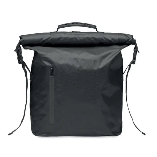 Geanta rolltop impermeabila din rpet neagra cu material rezistent la apa si fermoare negre robuste